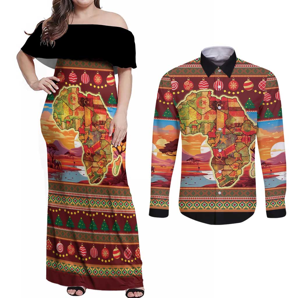 African Heritage and Celebrated Christmas Couples Matching Off Shoulder Maxi Dress and Long Sleeve Button Shirt - Wonder Print Shop