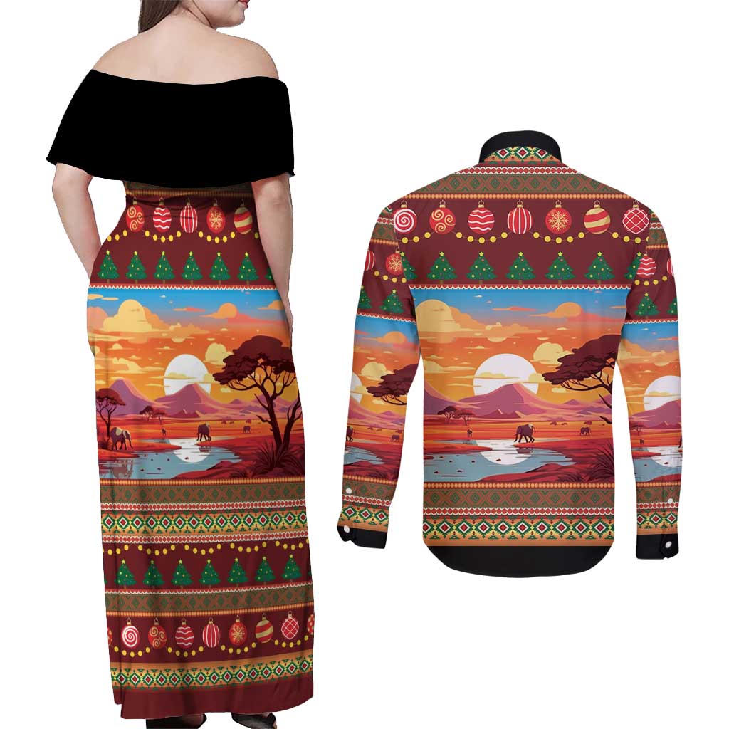 African Heritage and Celebrated Christmas Couples Matching Off Shoulder Maxi Dress and Long Sleeve Button Shirt - Wonder Print Shop