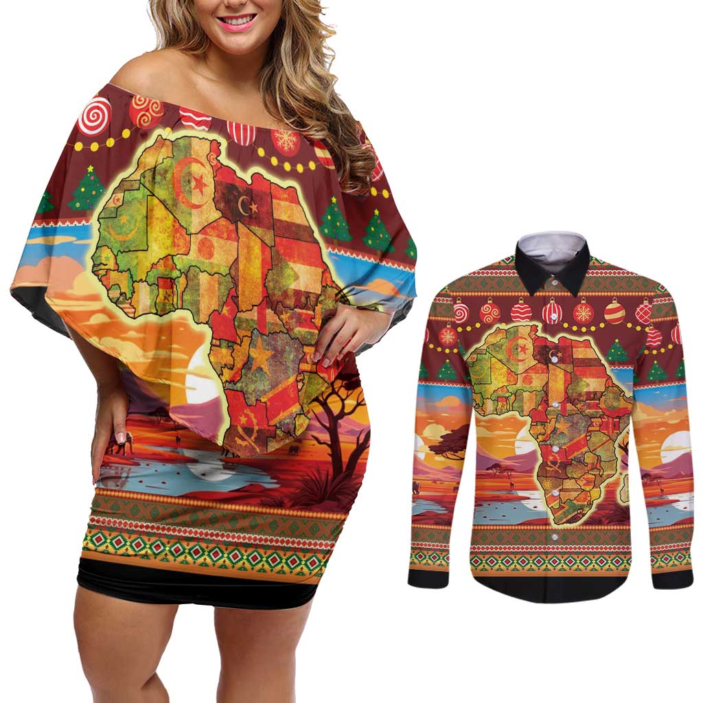 African Heritage and Celebrated Christmas Couples Matching Off Shoulder Short Dress and Long Sleeve Button Shirt - Wonder Print Shop