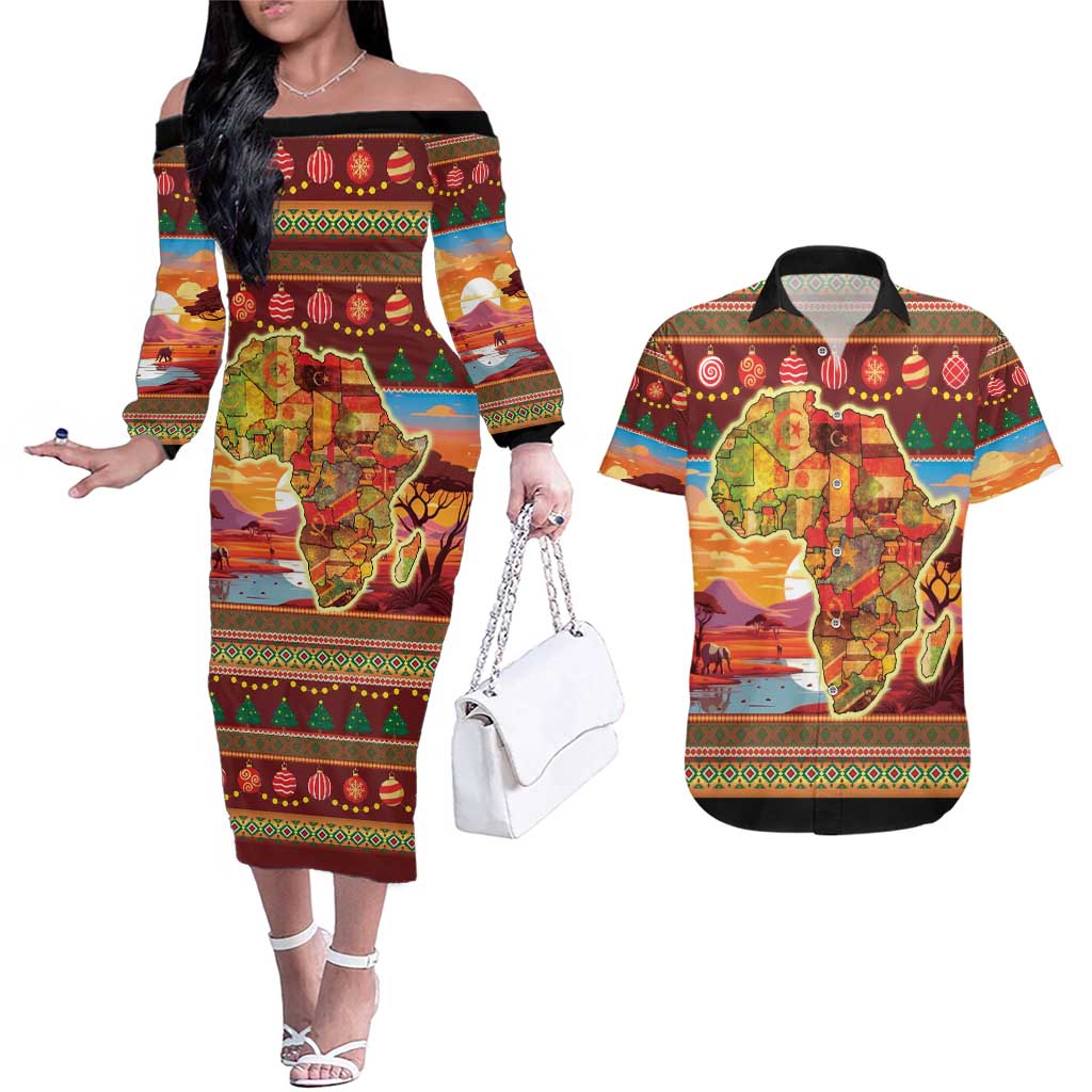 African Heritage and Celebrated Christmas Couples Matching Off The Shoulder Long Sleeve Dress and Hawaiian Shirt - Wonder Print Shop