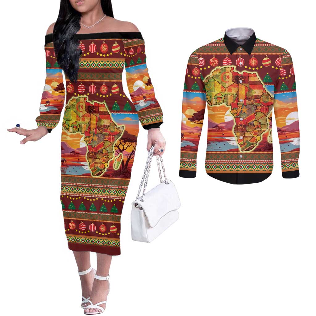 African Heritage and Celebrated Christmas Couples Matching Off The Shoulder Long Sleeve Dress and Long Sleeve Button Shirt