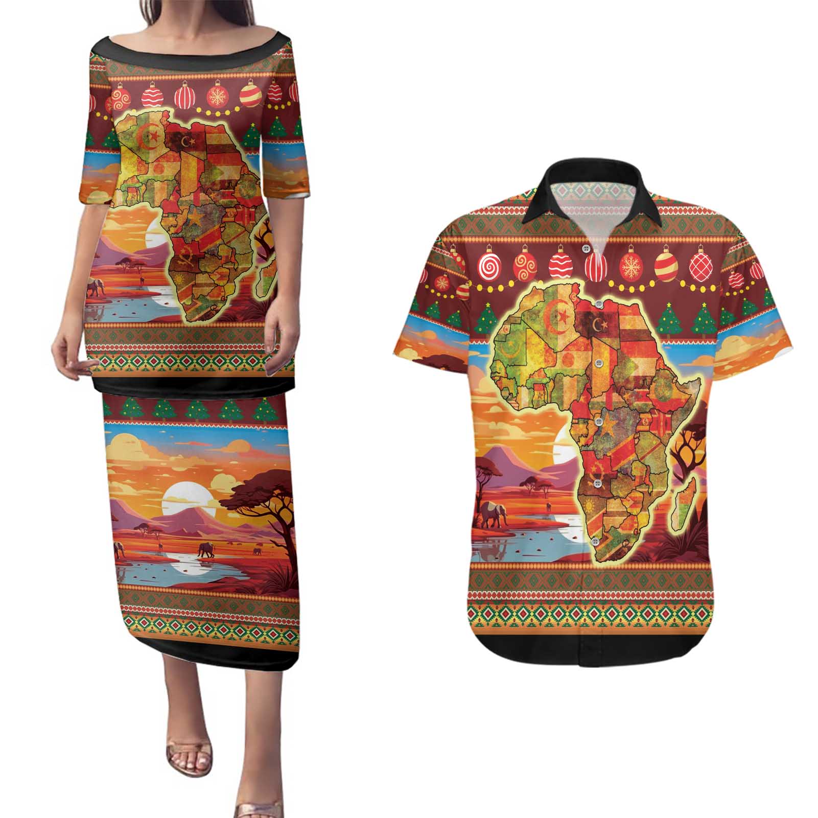African Heritage and Celebrated Christmas Couples Matching Puletasi and Hawaiian Shirt - Wonder Print Shop
