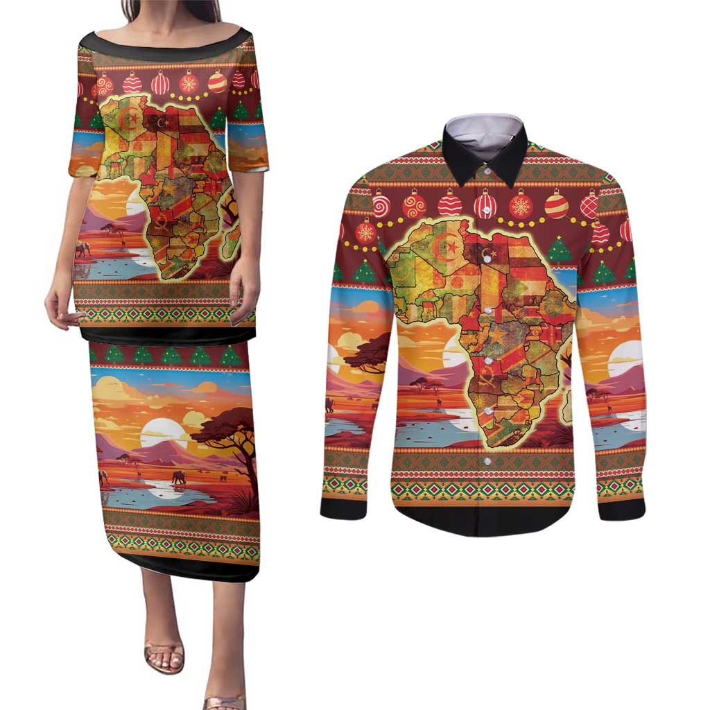 African Heritage and Celebrated Christmas Couples Matching Puletasi and Long Sleeve Button Shirt - Wonder Print Shop