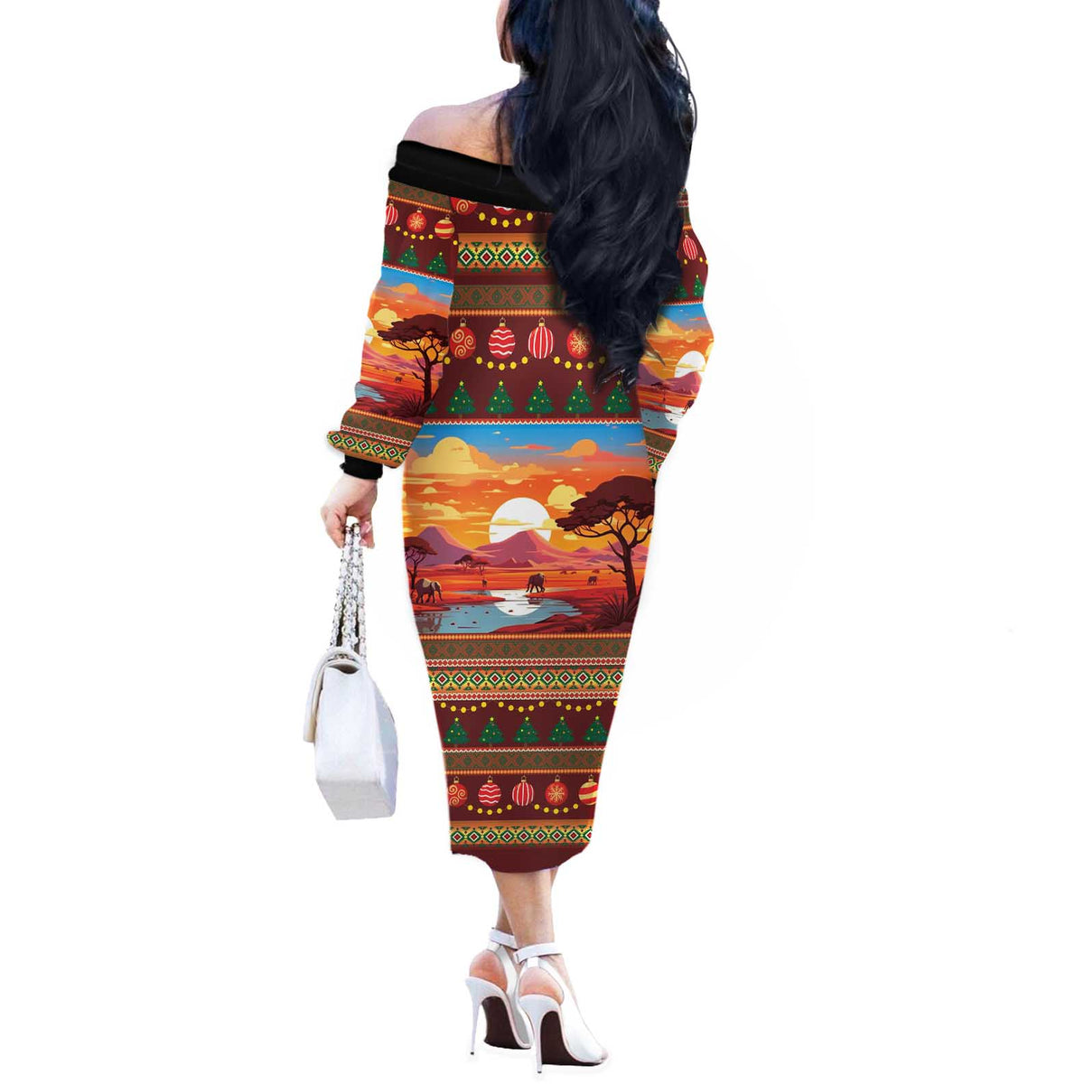 African Heritage and Celebrated Christmas Off The Shoulder Long Sleeve Dress - Wonder Print Shop