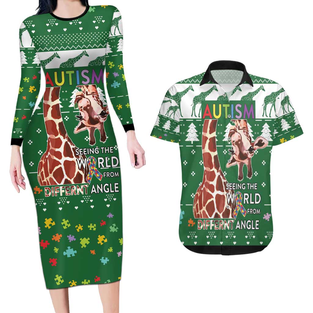 Giraffe Autism Couples Matching Long Sleeve Bodycon Dress and Hawaiian Shirt Seeing The World From Different Angles - Wonder Print Shop