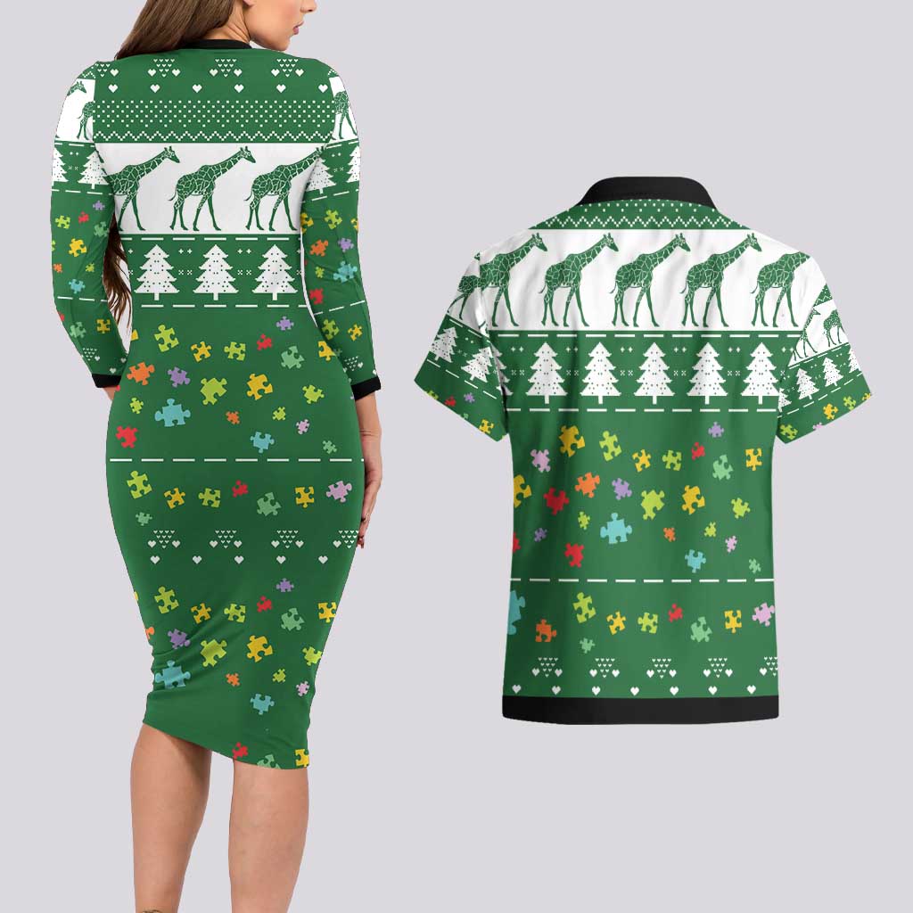 Giraffe Autism Couples Matching Long Sleeve Bodycon Dress and Hawaiian Shirt Seeing The World From Different Angles - Wonder Print Shop