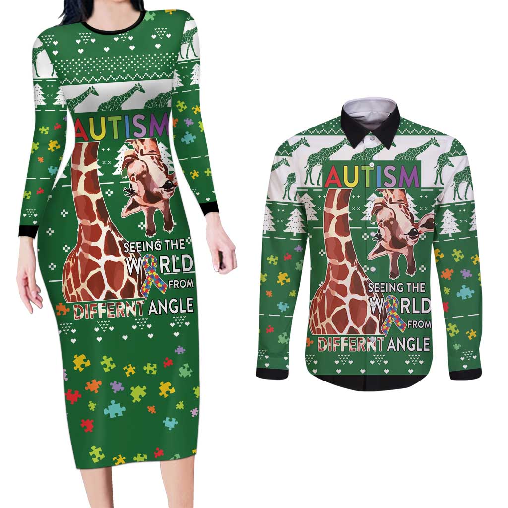 Giraffe Autism Couples Matching Long Sleeve Bodycon Dress and Long Sleeve Button Shirt Seeing The World From Different Angles - Wonder Print Shop