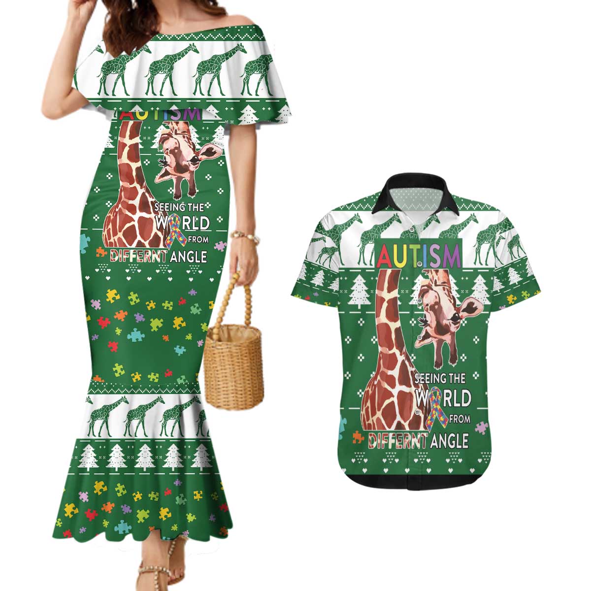 Giraffe Autism Couples Matching Mermaid Dress and Hawaiian Shirt Seeing The World From Different Angles - Wonder Print Shop