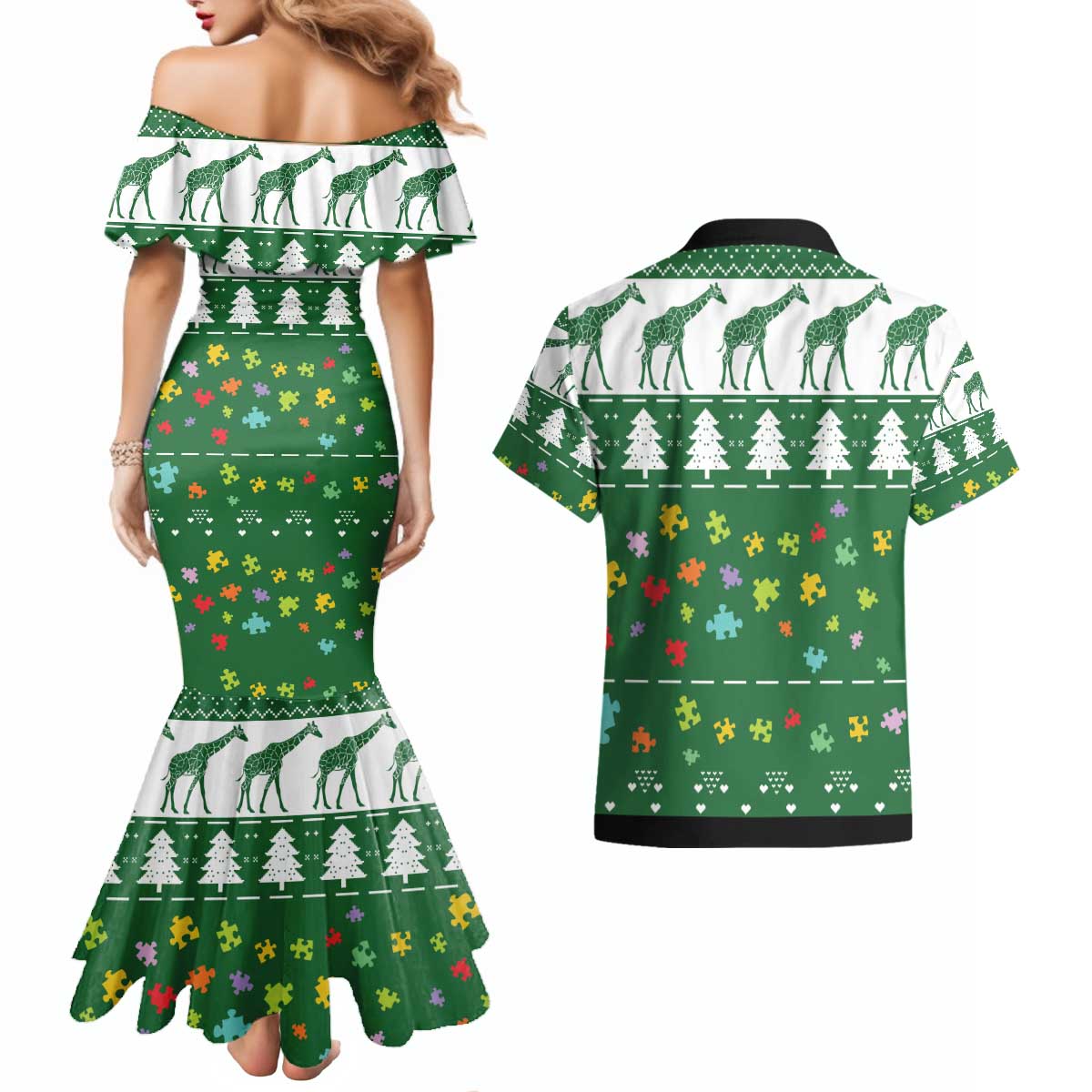 Giraffe Autism Couples Matching Mermaid Dress and Hawaiian Shirt Seeing The World From Different Angles - Wonder Print Shop