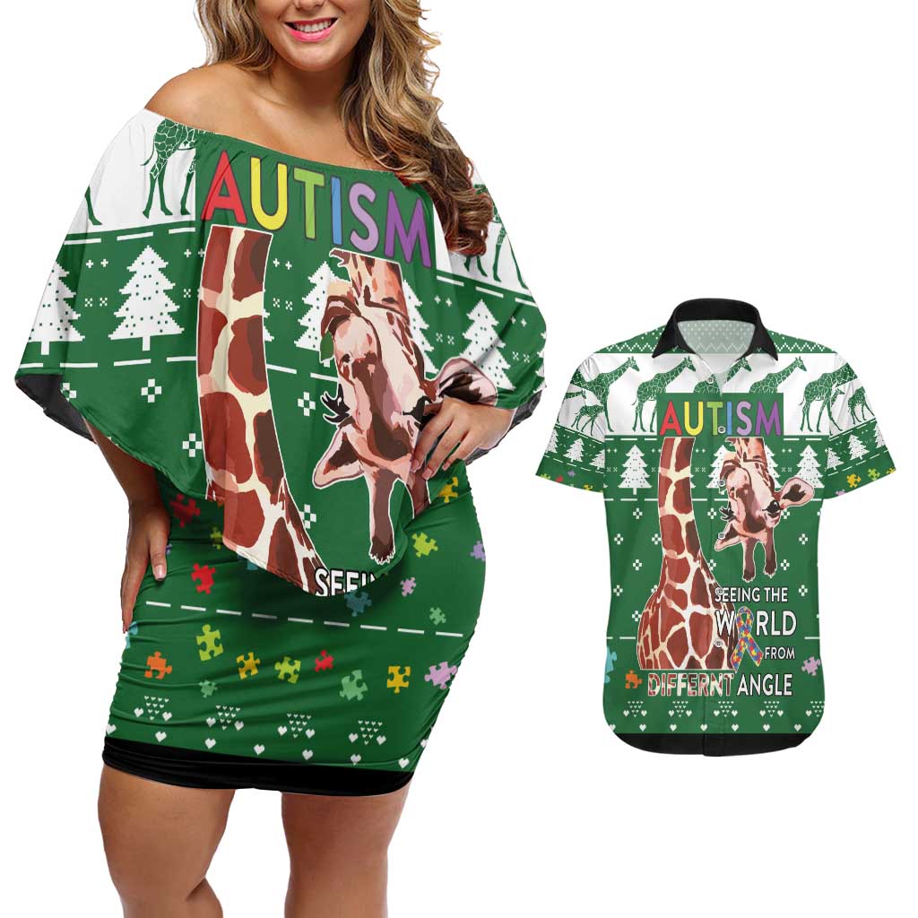 Giraffe Autism Couples Matching Off Shoulder Short Dress and Hawaiian Shirt Seeing The World From Different Angles - Wonder Print Shop