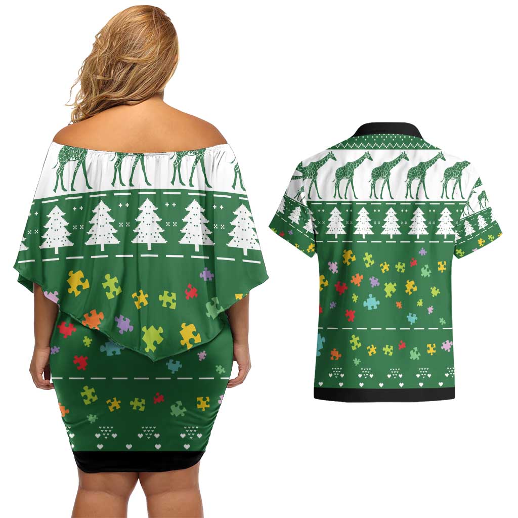 Giraffe Autism Couples Matching Off Shoulder Short Dress and Hawaiian Shirt Seeing The World From Different Angles - Wonder Print Shop