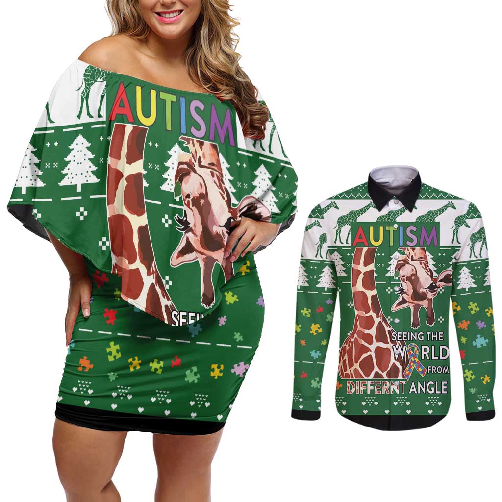 Giraffe Autism Couples Matching Off Shoulder Short Dress and Long Sleeve Button Shirt Seeing The World From Different Angles - Wonder Print Shop