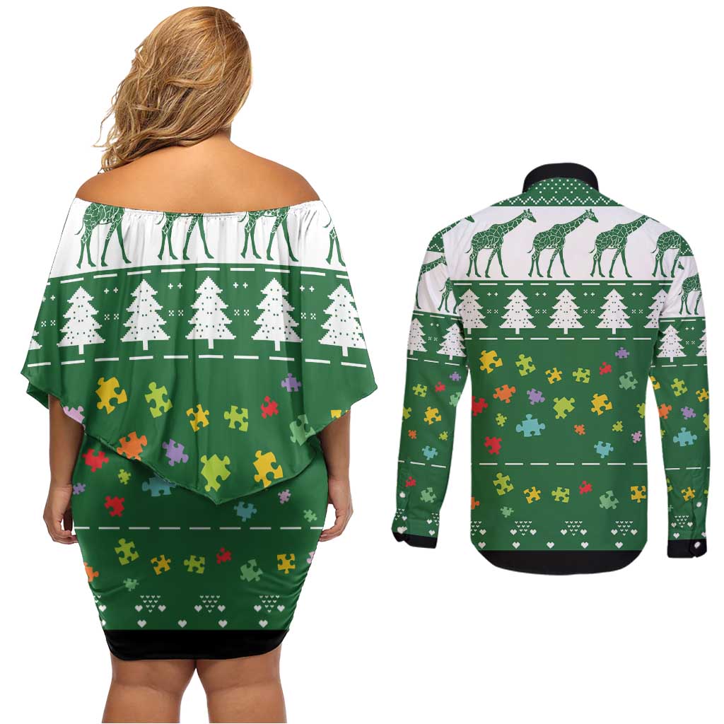 Giraffe Autism Couples Matching Off Shoulder Short Dress and Long Sleeve Button Shirt Seeing The World From Different Angles - Wonder Print Shop