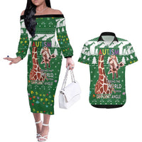 Giraffe Autism Couples Matching Off The Shoulder Long Sleeve Dress and Hawaiian Shirt Seeing The World From Different Angles - Wonder Print Shop