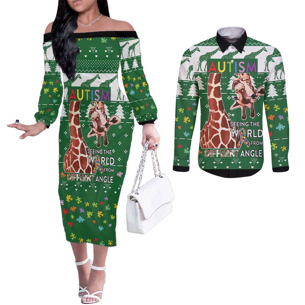 Giraffe Autism Couples Matching Off The Shoulder Long Sleeve Dress and Long Sleeve Button Shirt Seeing The World From Different Angles