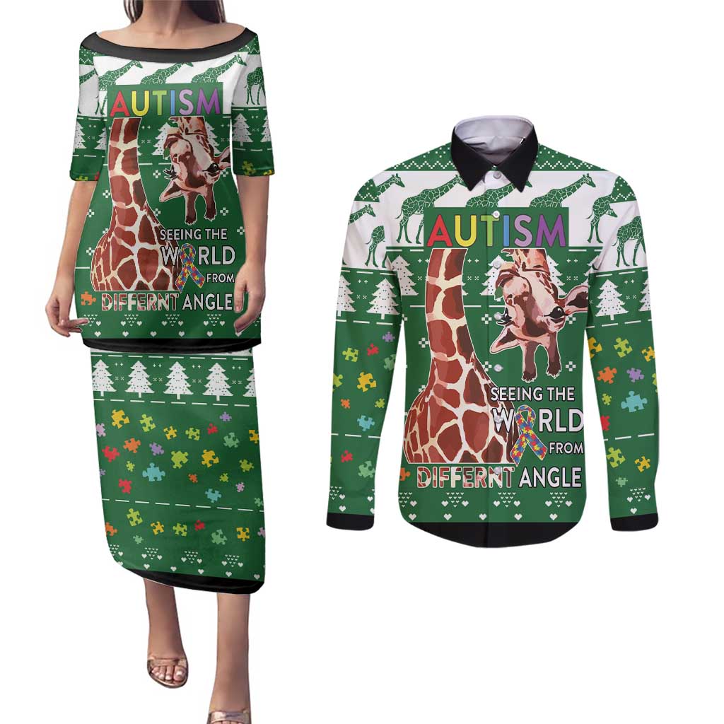 Giraffe Autism Couples Matching Puletasi and Long Sleeve Button Shirt Seeing The World From Different Angles - Wonder Print Shop