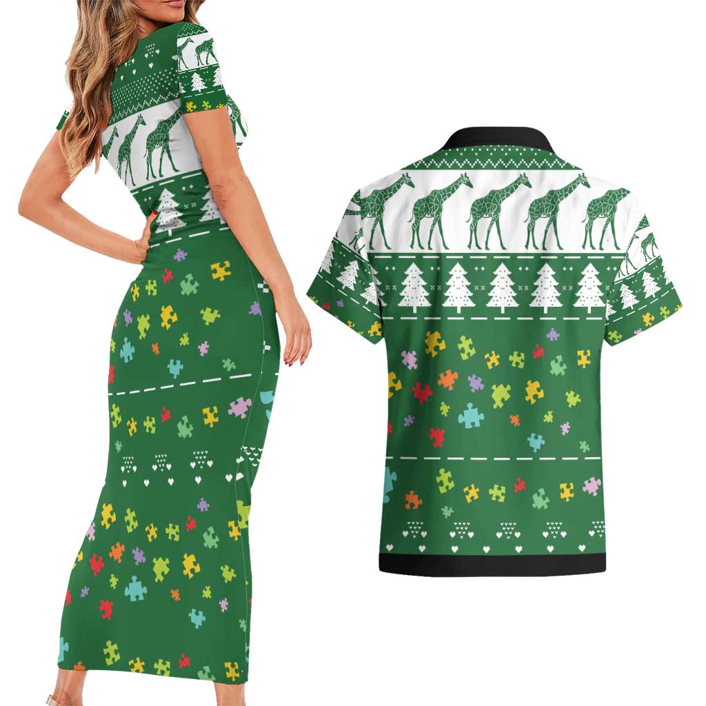 Giraffe Autism Couples Matching Short Sleeve Bodycon Dress and Hawaiian Shirt Seeing The World From Different Angles - Wonder Print Shop