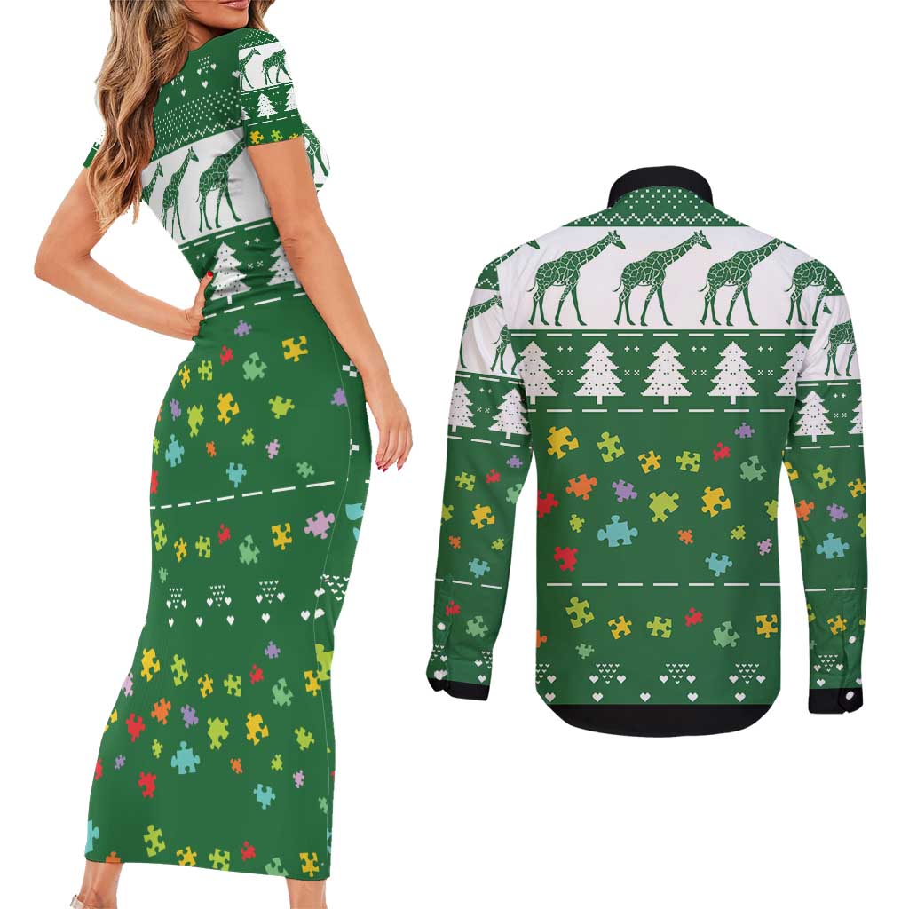 Giraffe Autism Couples Matching Short Sleeve Bodycon Dress and Long Sleeve Button Shirt Seeing The World From Different Angles - Wonder Print Shop