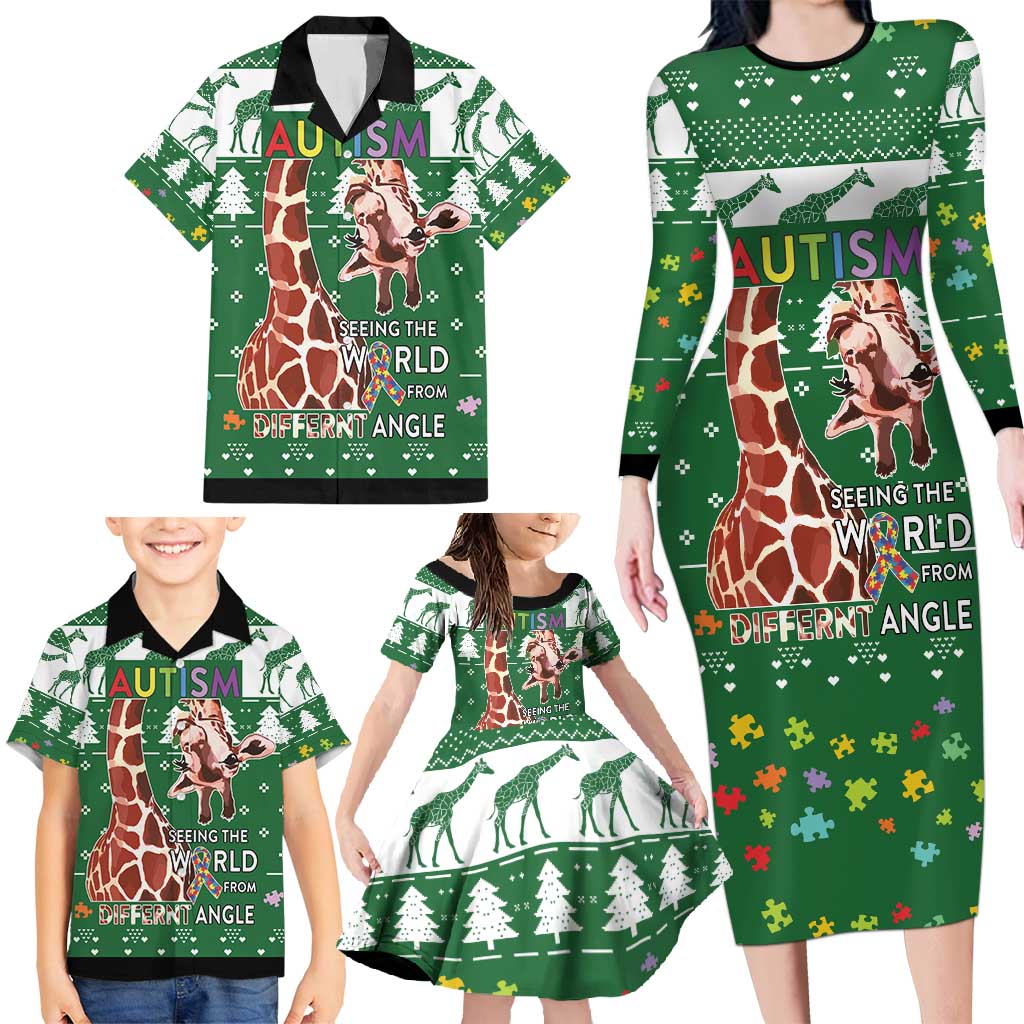 Giraffe Autism Family Matching Long Sleeve Bodycon Dress and Hawaiian Shirt Seeing The World From Different Angles - Wonder Print Shop