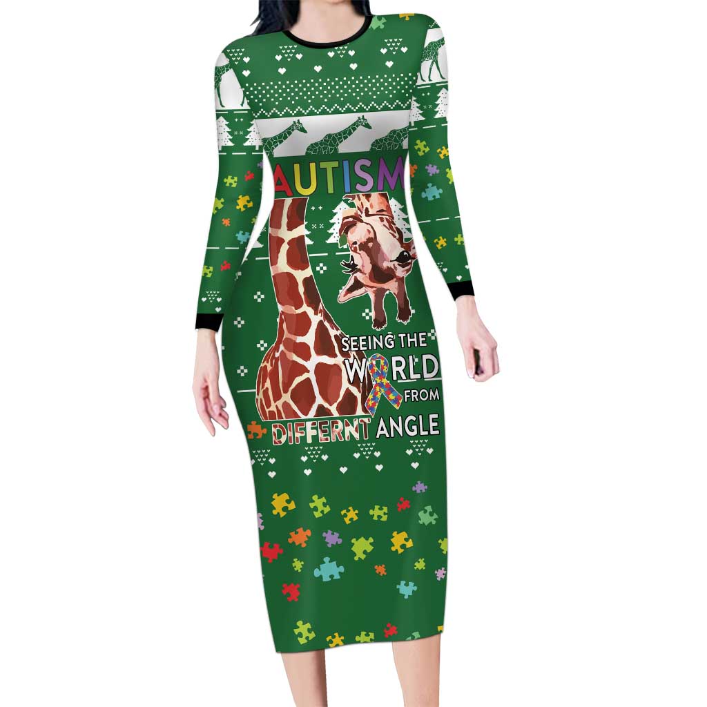 Giraffe Autism Family Matching Long Sleeve Bodycon Dress and Hawaiian Shirt Seeing The World From Different Angles - Wonder Print Shop