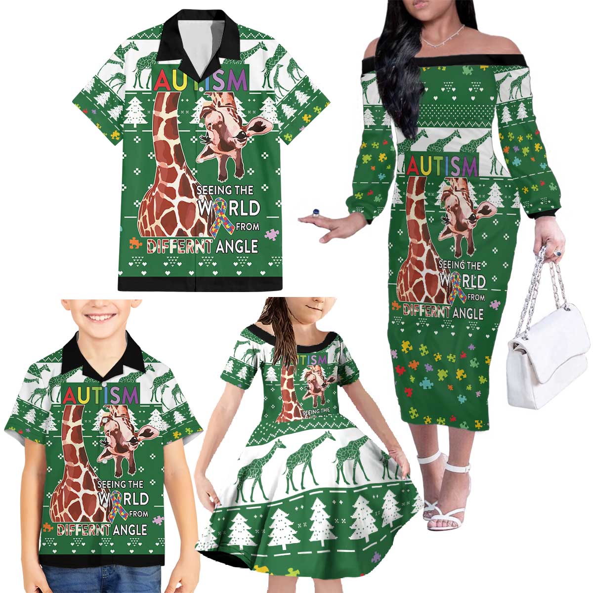 Giraffe Autism Family Matching Off The Shoulder Long Sleeve Dress and Hawaiian Shirt Seeing The World From Different Angles - Wonder Print Shop