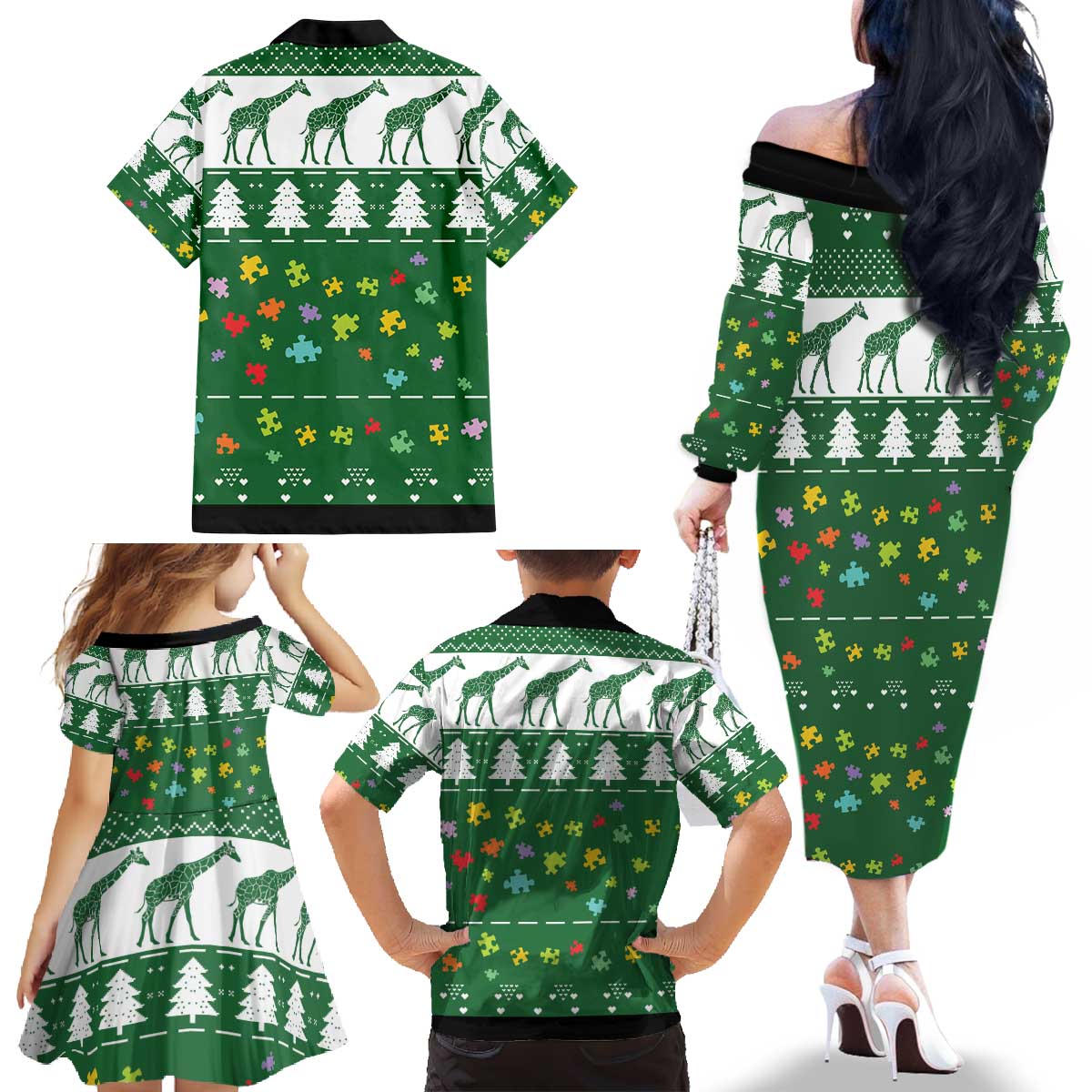 Giraffe Autism Family Matching Off The Shoulder Long Sleeve Dress and Hawaiian Shirt Seeing The World From Different Angles - Wonder Print Shop