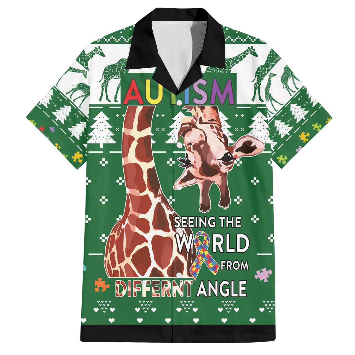 Giraffe Autism Family Matching Off The Shoulder Long Sleeve Dress and Hawaiian Shirt Seeing The World From Different Angles - Wonder Print Shop