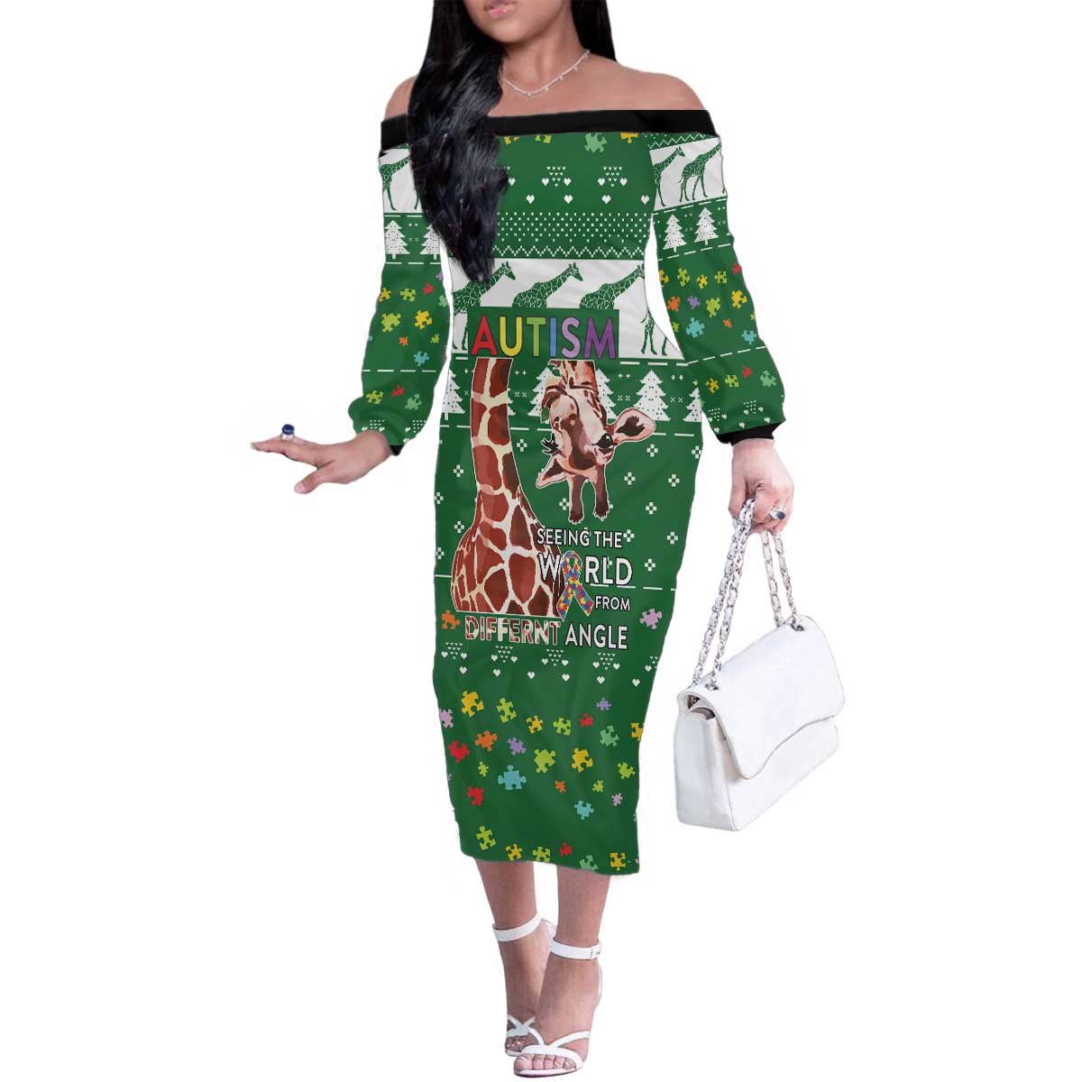 Giraffe Autism Family Matching Off The Shoulder Long Sleeve Dress and Hawaiian Shirt Seeing The World From Different Angles - Wonder Print Shop