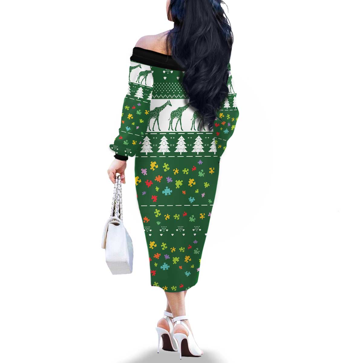 Giraffe Autism Family Matching Off The Shoulder Long Sleeve Dress and Hawaiian Shirt Seeing The World From Different Angles - Wonder Print Shop