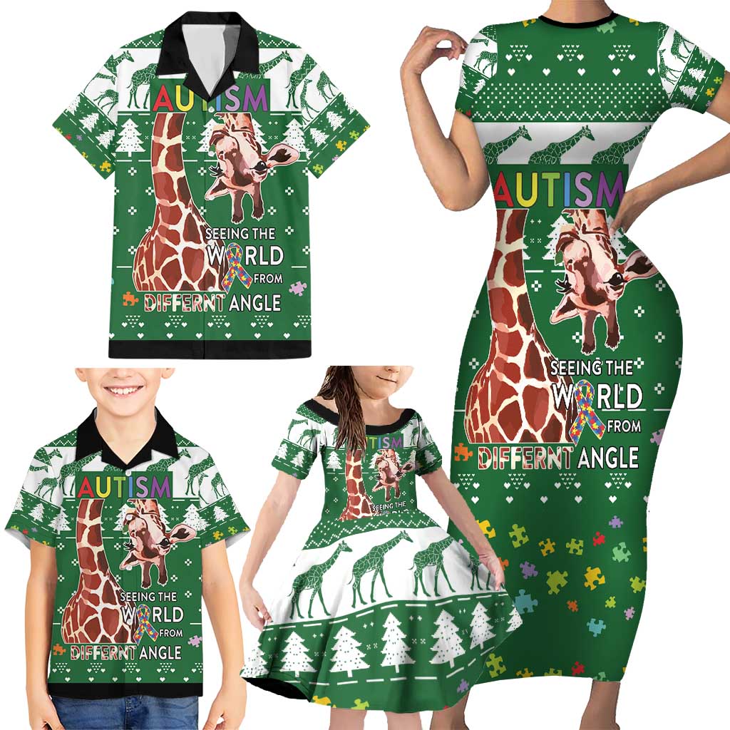 Giraffe Autism Family Matching Short Sleeve Bodycon Dress and Hawaiian Shirt Seeing The World From Different Angles - Wonder Print Shop