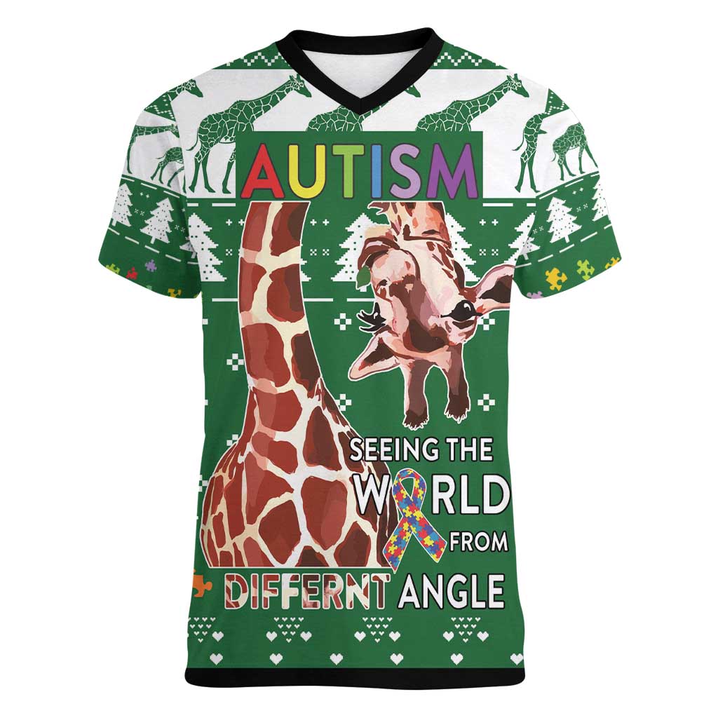 Giraffe Autism Women V-Neck T-Shirt Seeing The World From Different Angles - Wonder Print Shop