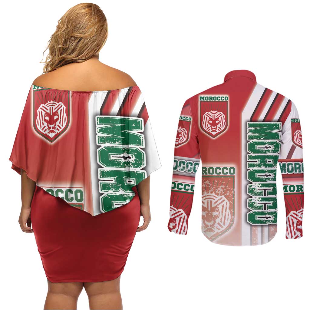 Morocco Football Couples Matching Off Shoulder Short Dress and Long Sleeve Button Shirt Atlas Lions Soccer - Road To Champion