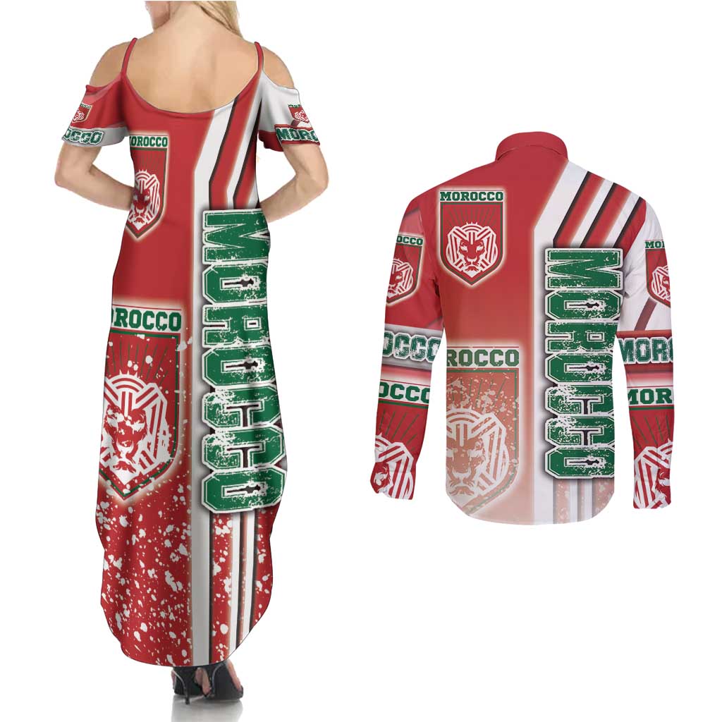 Morocco Football Couples Matching Summer Maxi Dress and Long Sleeve Button Shirt Atlas Lions Soccer - Road To Champion