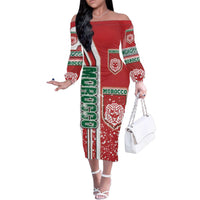 Morocco Football Family Matching Off The Shoulder Long Sleeve Dress and Hawaiian Shirt Atlas Lions Soccer - Road To Champion