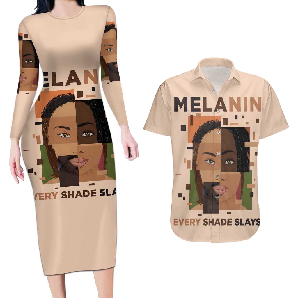 Melanin Every Shade Slays Couples Matching Long Sleeve Bodycon Dress and Hawaiian Shirt African Women