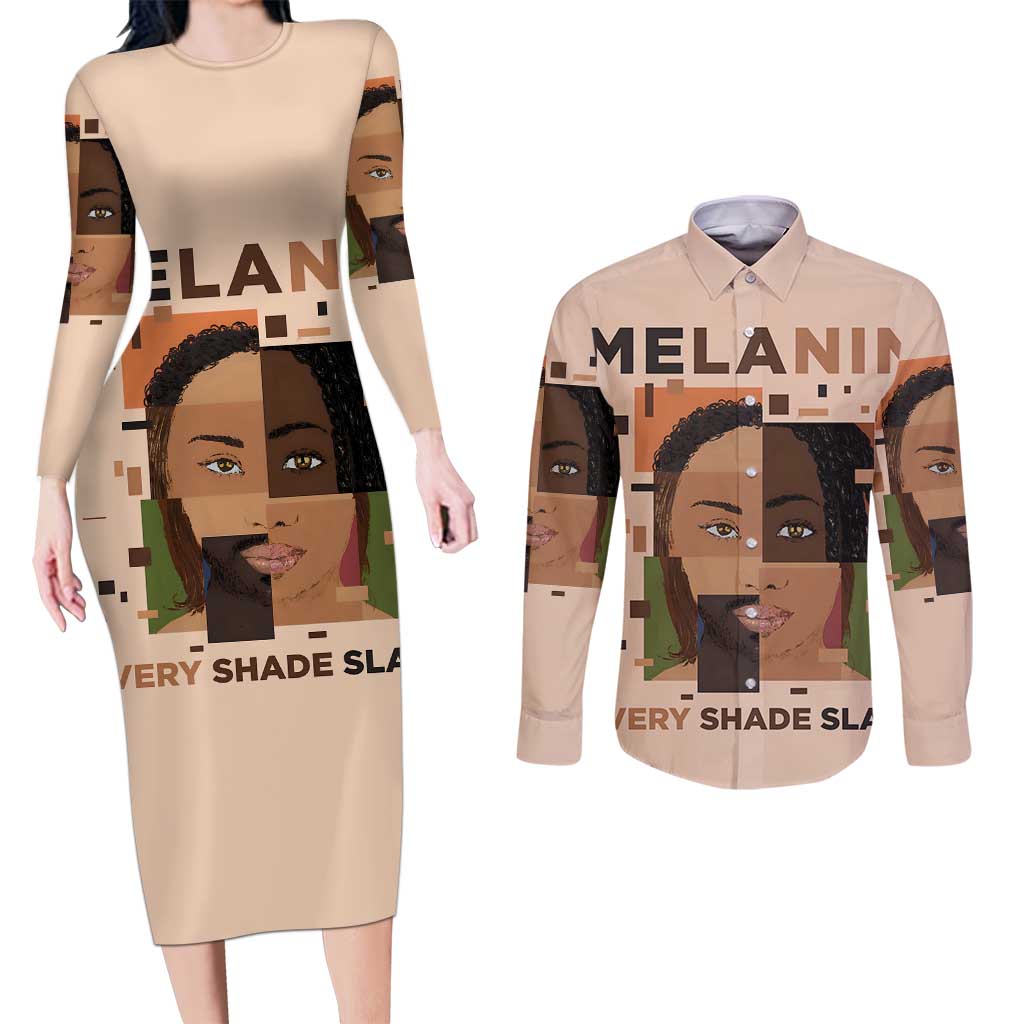 Melanin Every Shade Slays Couples Matching Long Sleeve Bodycon Dress and Long Sleeve Button Shirt African Women