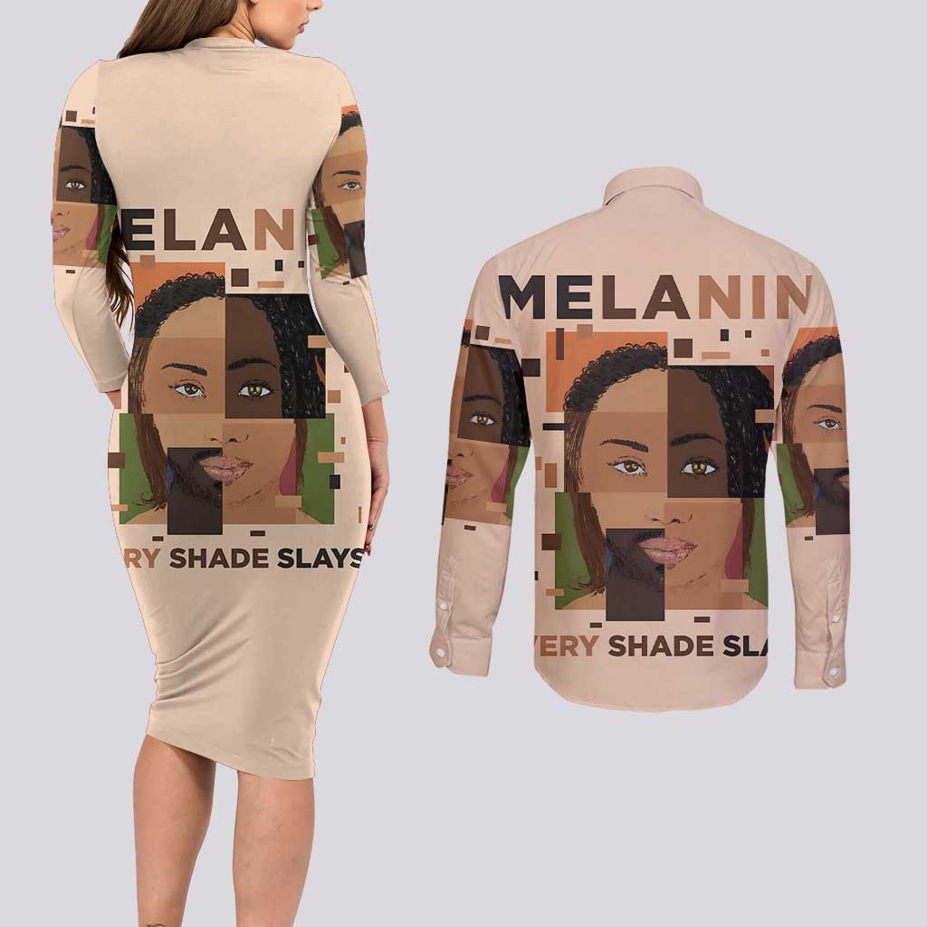 Melanin Every Shade Slays Couples Matching Long Sleeve Bodycon Dress and Long Sleeve Button Shirt African Women