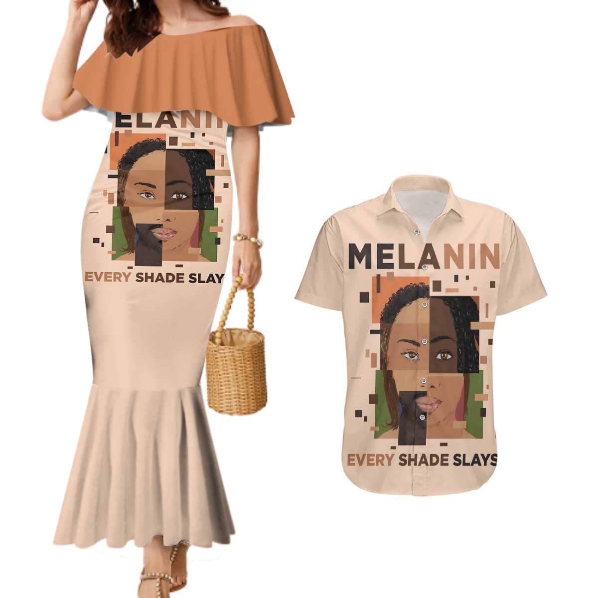 Melanin Every Shade Slays Couples Matching Mermaid Dress and Hawaiian Shirt African Women