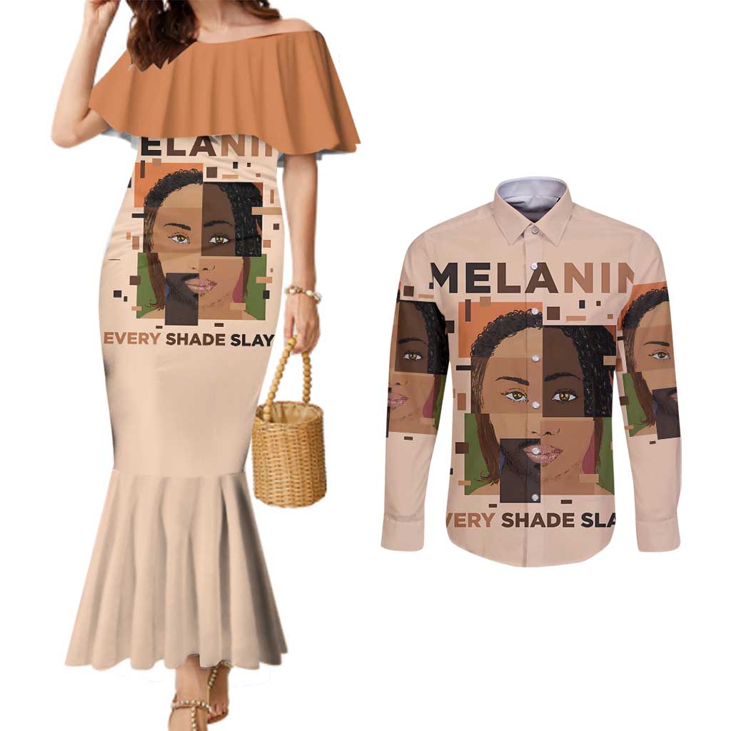 Melanin Every Shade Slays Couples Matching Mermaid Dress and Long Sleeve Button Shirt African Women