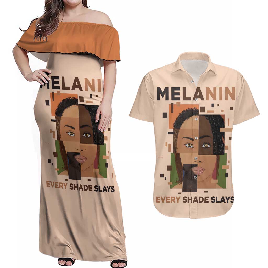 Melanin Every Shade Slays Couples Matching Off Shoulder Maxi Dress and Hawaiian Shirt African Women