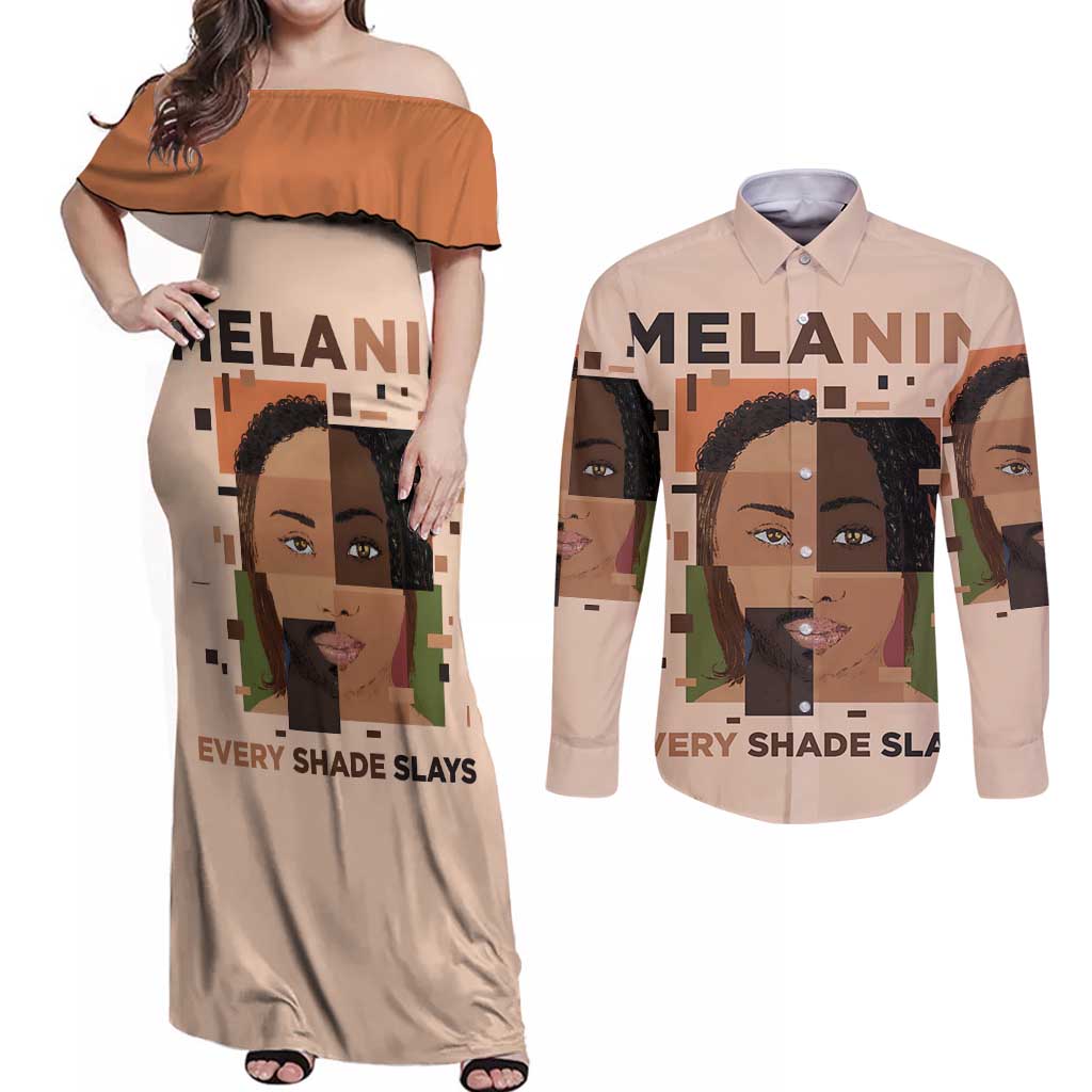 Melanin Every Shade Slays Couples Matching Off Shoulder Maxi Dress and Long Sleeve Button Shirt African Women