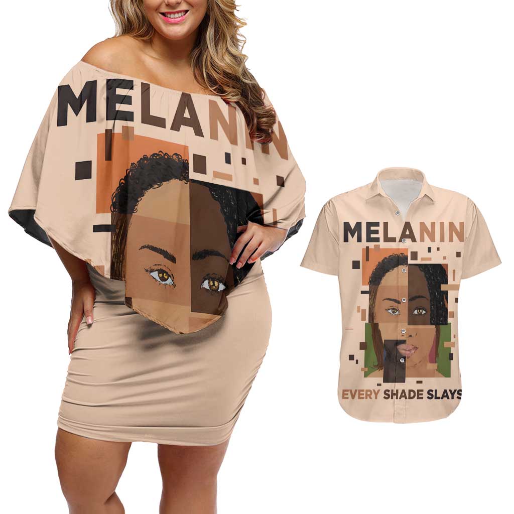 Melanin Every Shade Slays Couples Matching Off Shoulder Short Dress and Hawaiian Shirt African Women