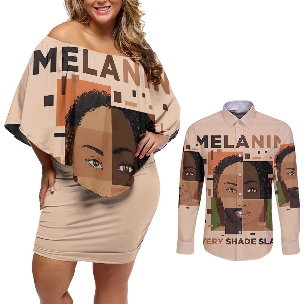 Melanin Every Shade Slays Couples Matching Off Shoulder Short Dress and Long Sleeve Button Shirt African Women