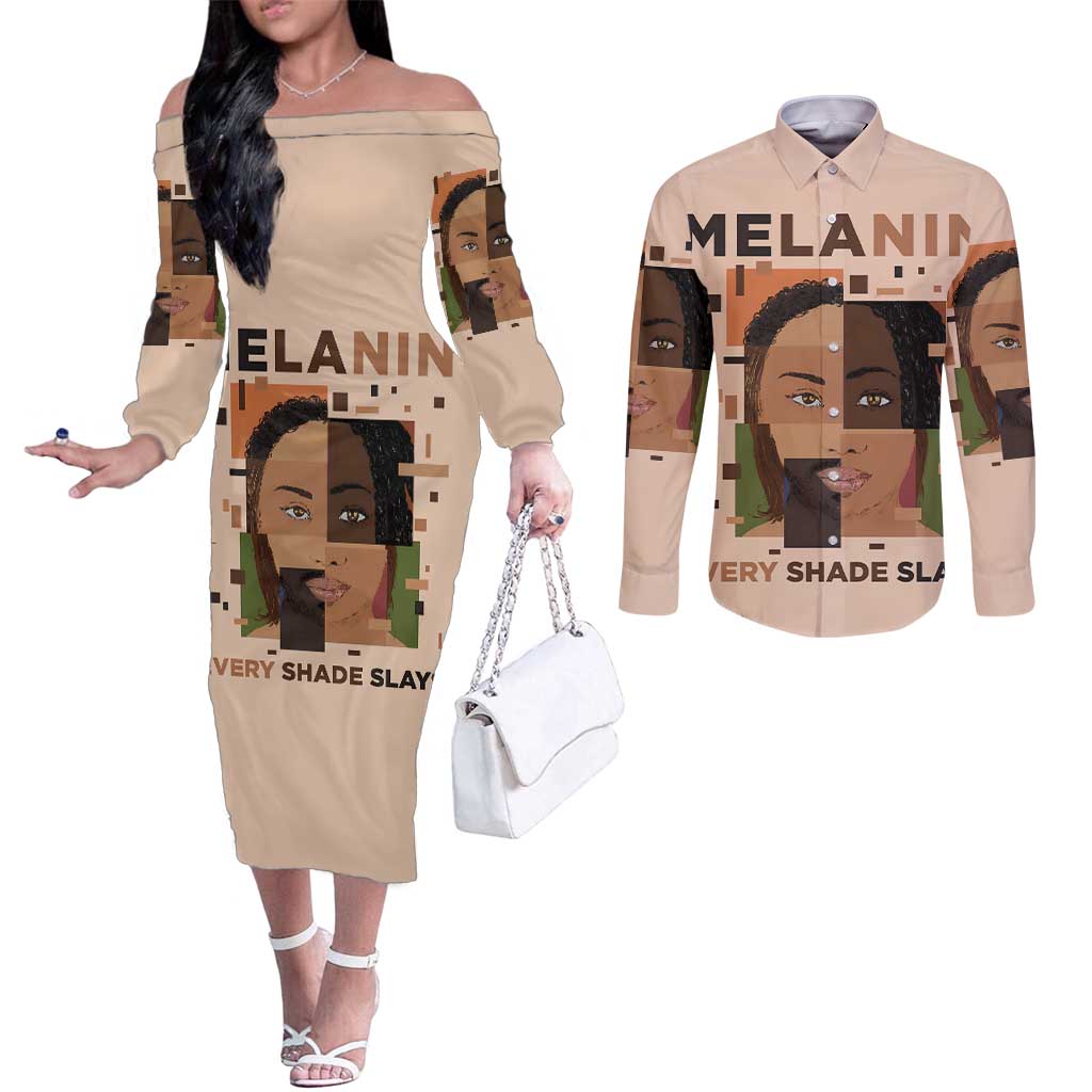 Melanin Every Shade Slays Couples Matching Off The Shoulder Long Sleeve Dress and Long Sleeve Button Shirt African Women
