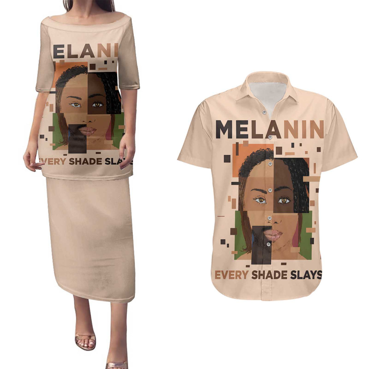 Melanin Every Shade Slays Couples Matching Puletasi and Hawaiian Shirt African Women