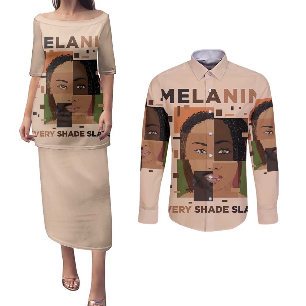 Melanin Every Shade Slays Couples Matching Puletasi and Long Sleeve Button Shirt African Women