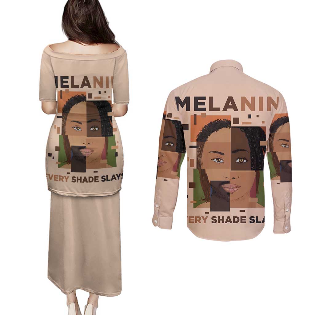 Melanin Every Shade Slays Couples Matching Puletasi and Long Sleeve Button Shirt African Women