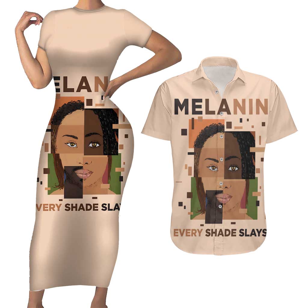 Melanin Every Shade Slays Couples Matching Short Sleeve Bodycon Dress and Hawaiian Shirt African Women