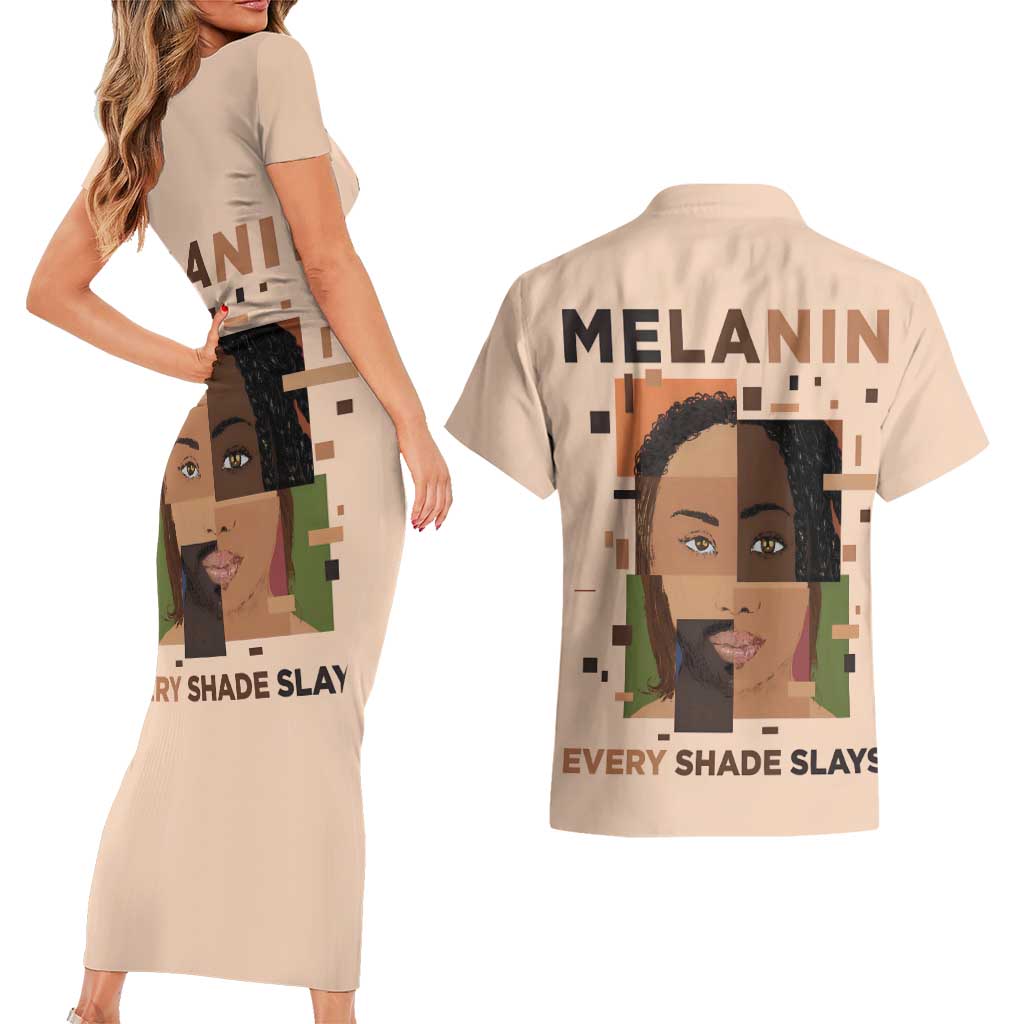 Melanin Every Shade Slays Couples Matching Short Sleeve Bodycon Dress and Hawaiian Shirt African Women