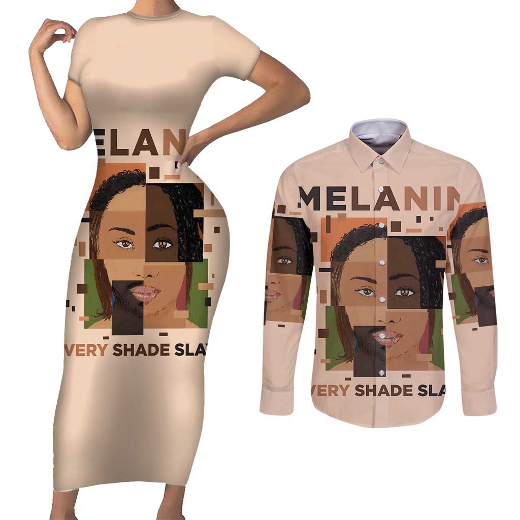 Melanin Every Shade Slays Couples Matching Short Sleeve Bodycon Dress and Long Sleeve Button Shirt African Women